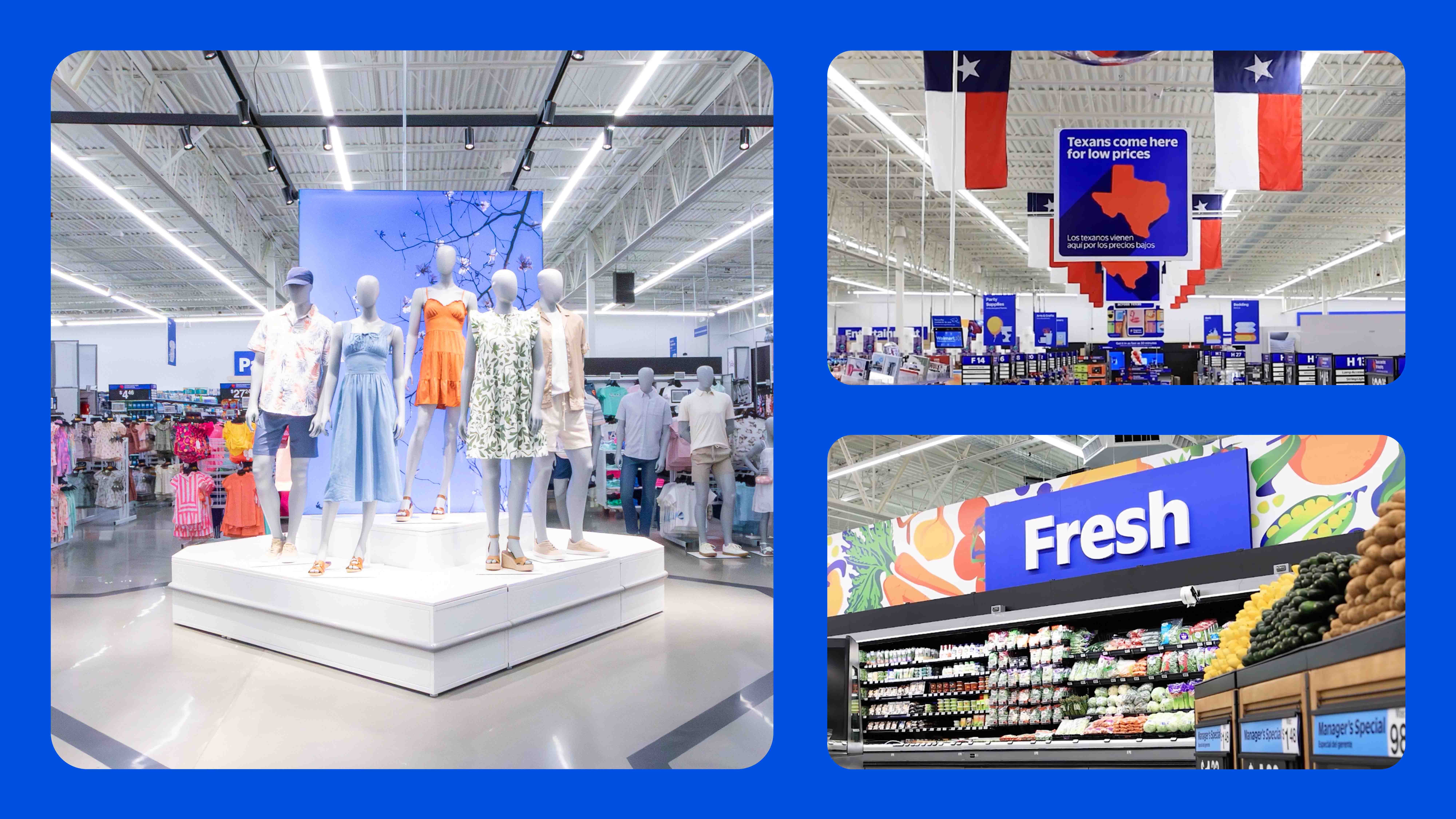 In-store photos of apparel, fresh and other signage.