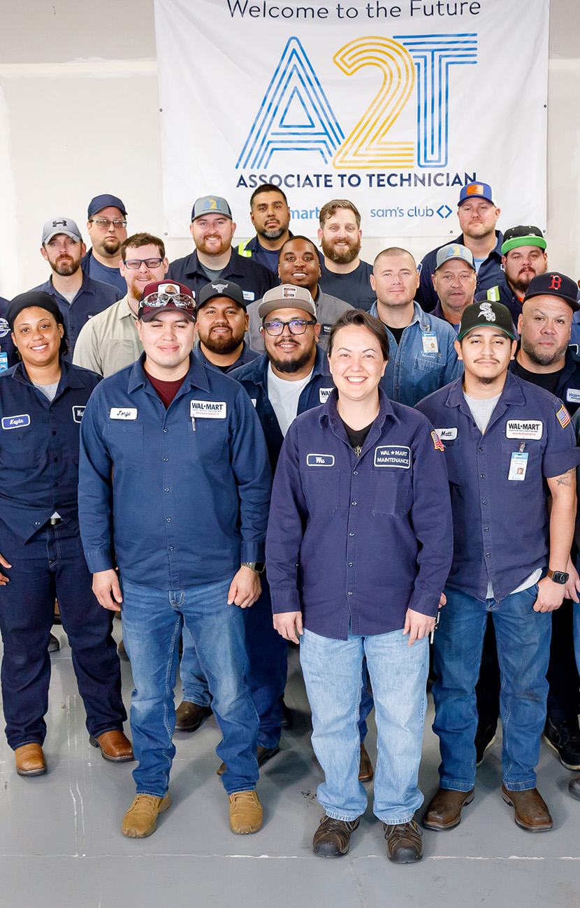 A collage of Walmart associates in the Associate-to-Technician program performing a variety of maintenance tasks in safety gear.