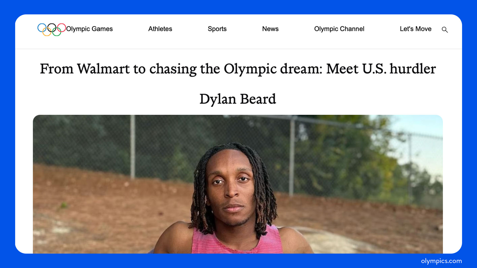 A picture of Olympic hopeful Dylan Beard in an online news article.