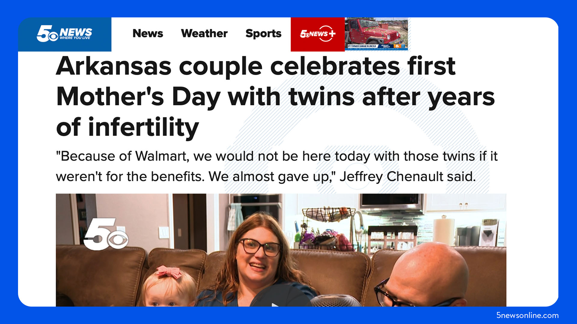 A picture of an online article with smiling new parents.